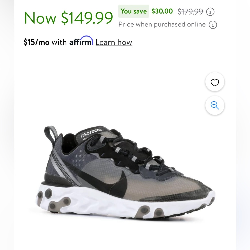 NIKE- REACT ELEMENT SEE-THROUGH         87 - AQ1090-001 US Size: 11